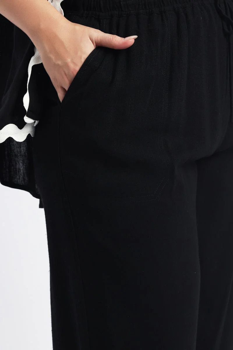 Black Elastic Waist Wide Leg Linen Blend Pants - Image 5