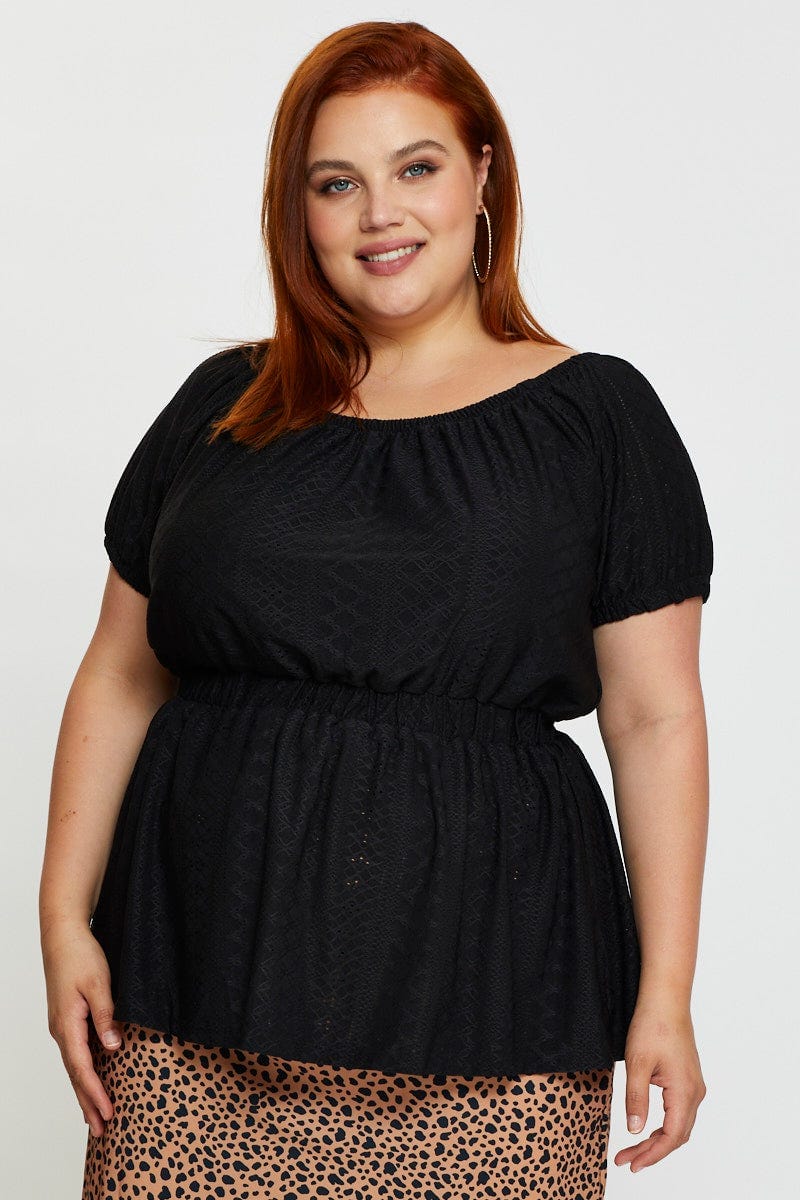 Black Eyelet Top Round Neck Puff Sleeve