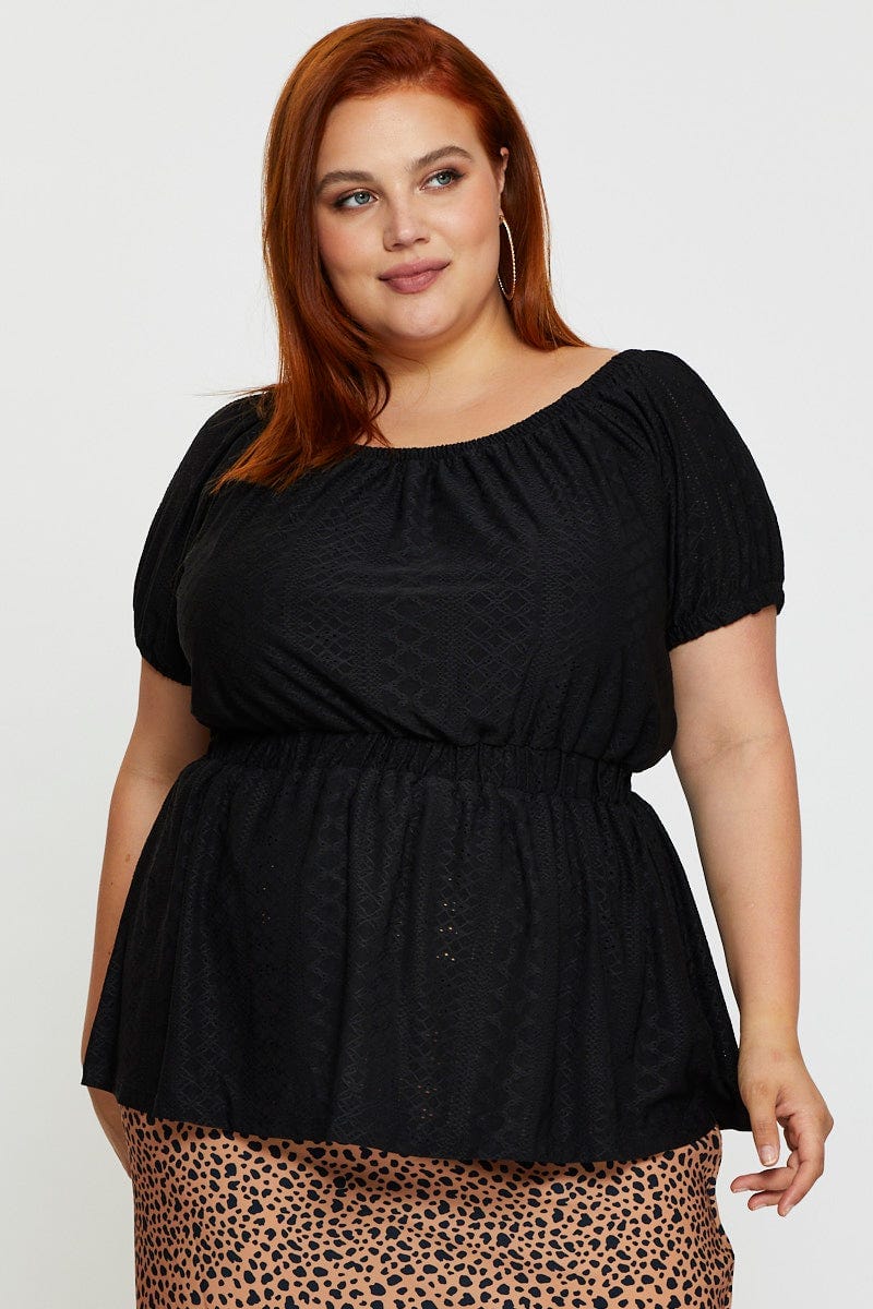 Black Eyelet Top Round Neck Puff Sleeve - Image 3