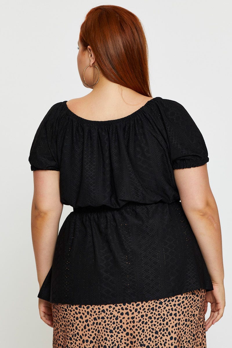 Black Eyelet Top Round Neck Puff Sleeve - Image 5
