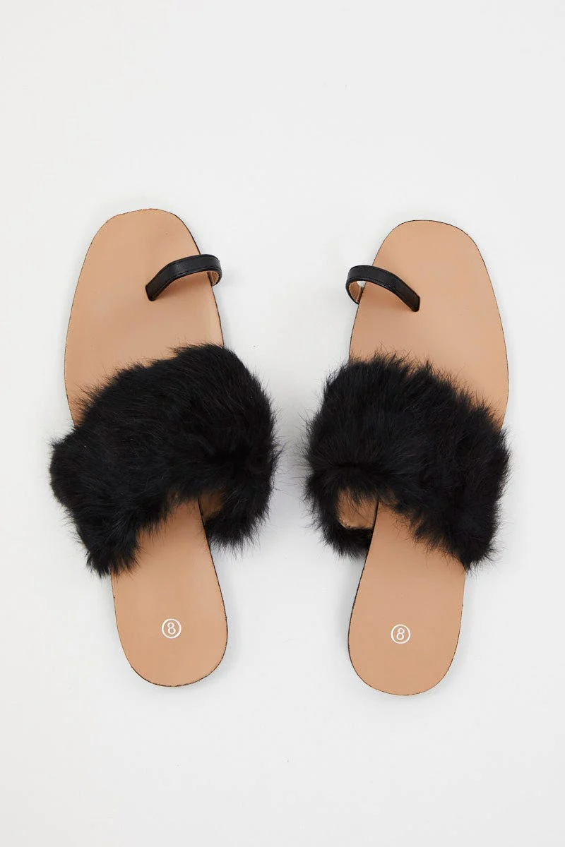 Black Faux Fur Flat Slides - Image 4