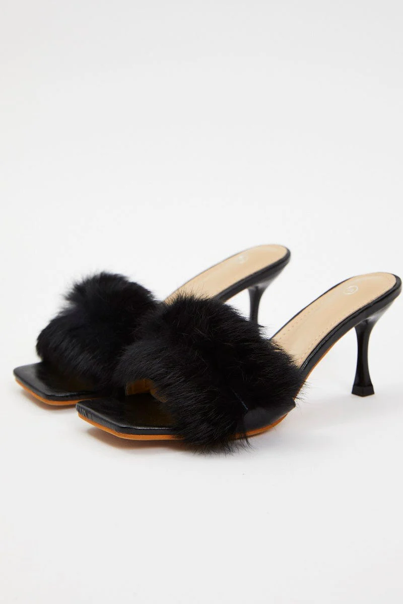 Black Faux Fur Heel Mules - Image 4