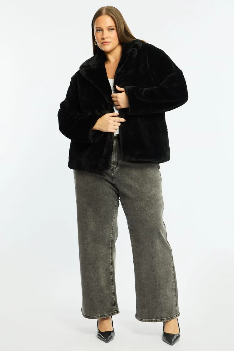 Black Faux Fur Jacket Long Sleeve - Image 3