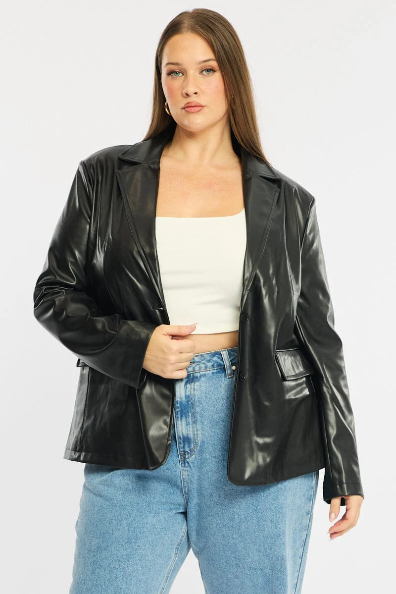 Black Faux Leather Blazer Long Sleeve