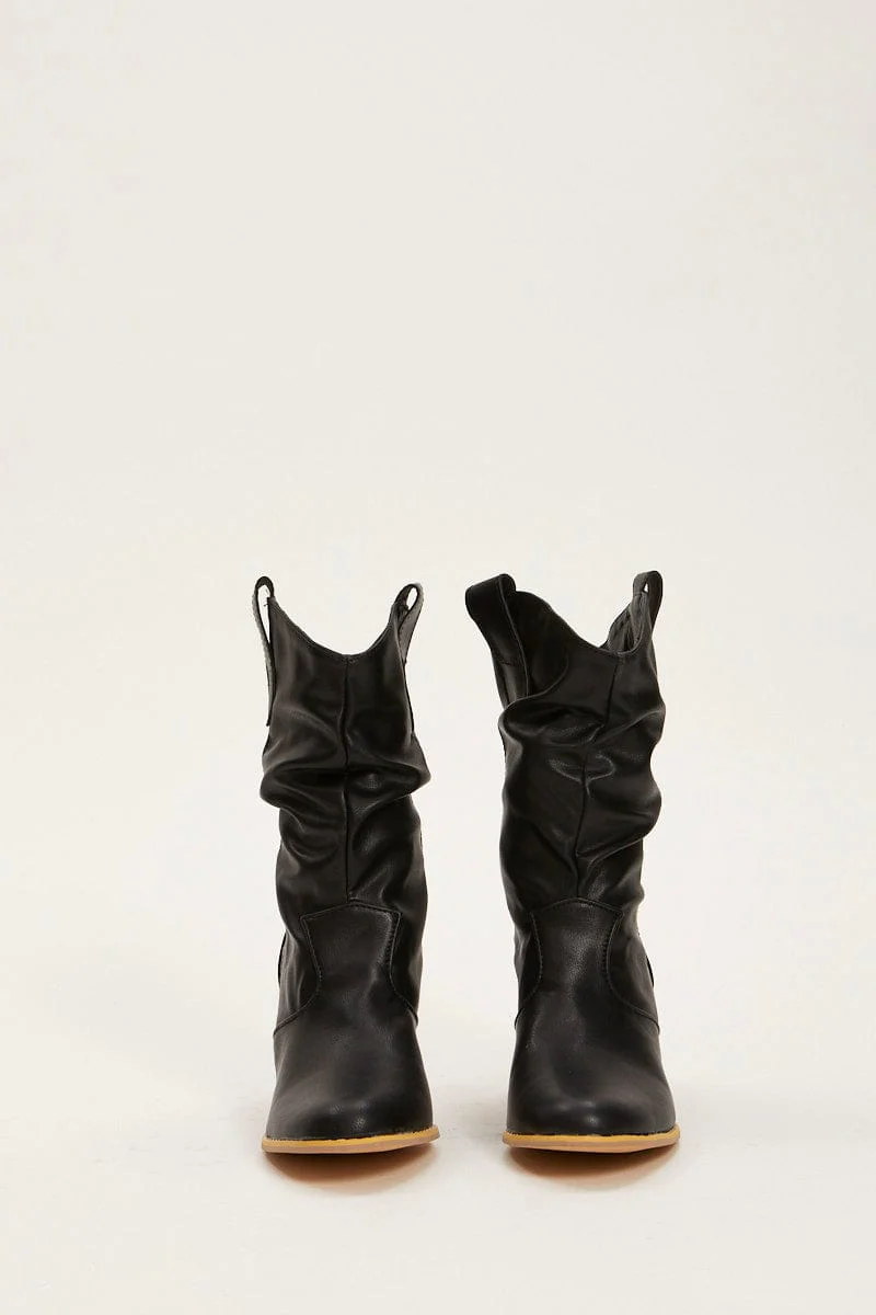 Black Faux Leather Cowboy Boots - Image 3