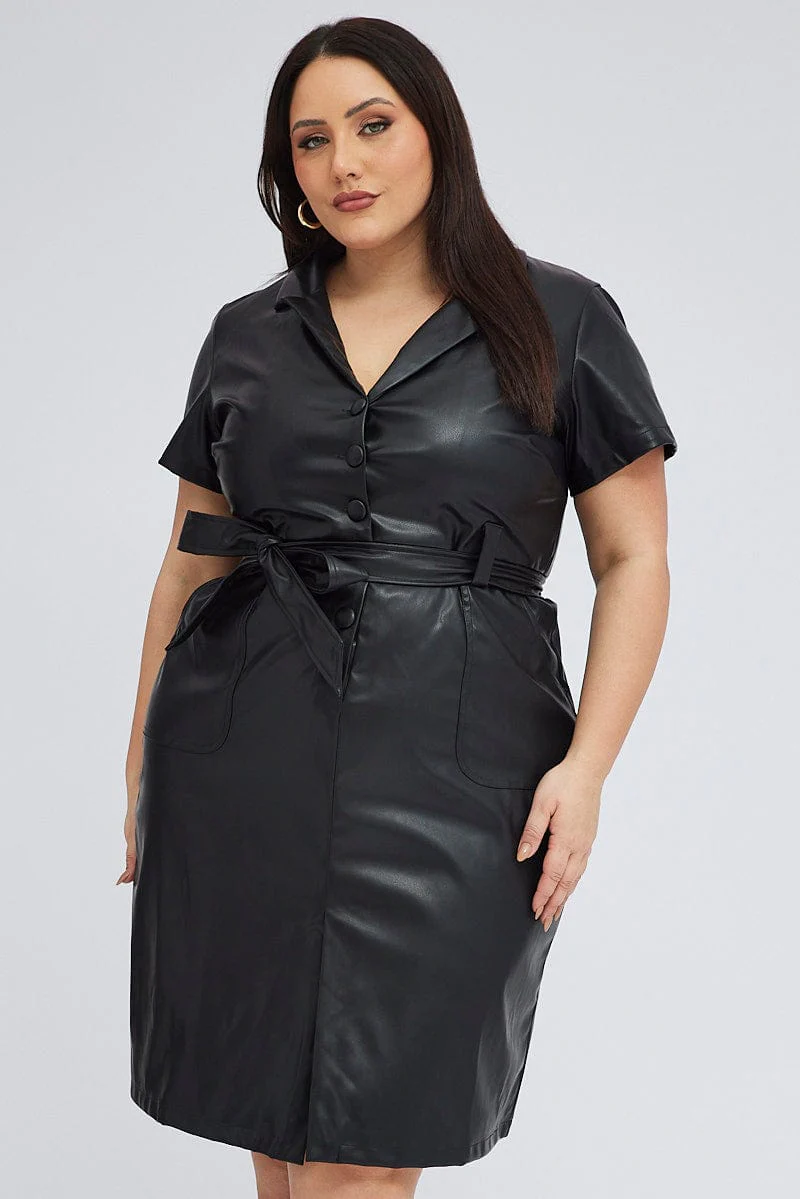 Black Faux Leather Dress Knee Length Short Sleeve Belt - Image 3
