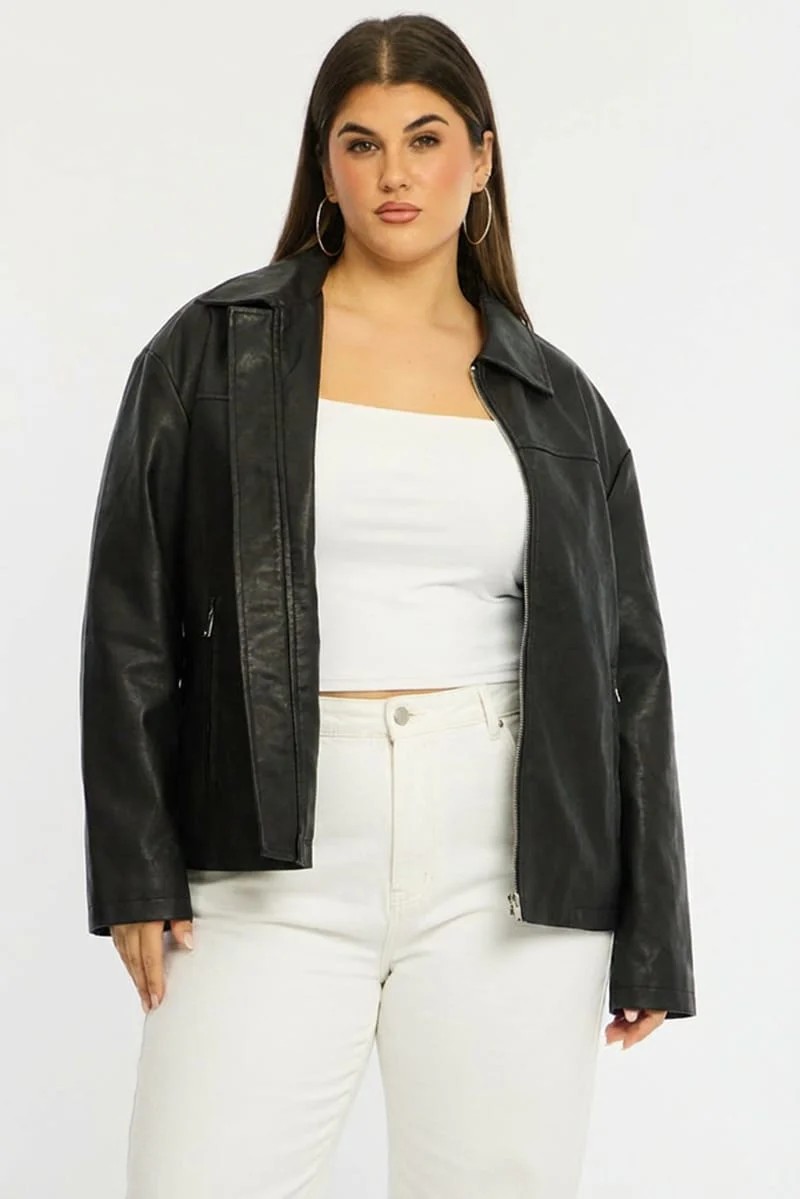 Black Faux Leather Jacket Long Sleeve - Image 2