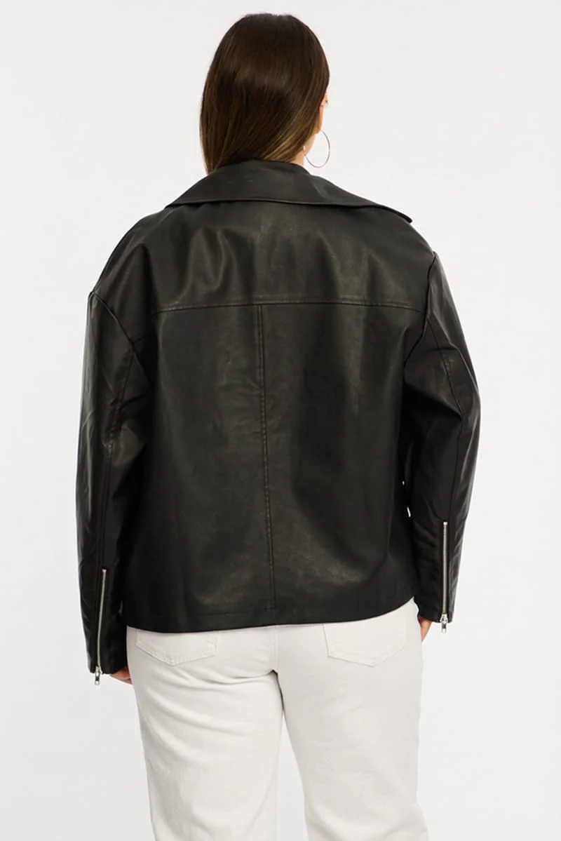 Black Faux Leather Jacket Long Sleeve - Image 4