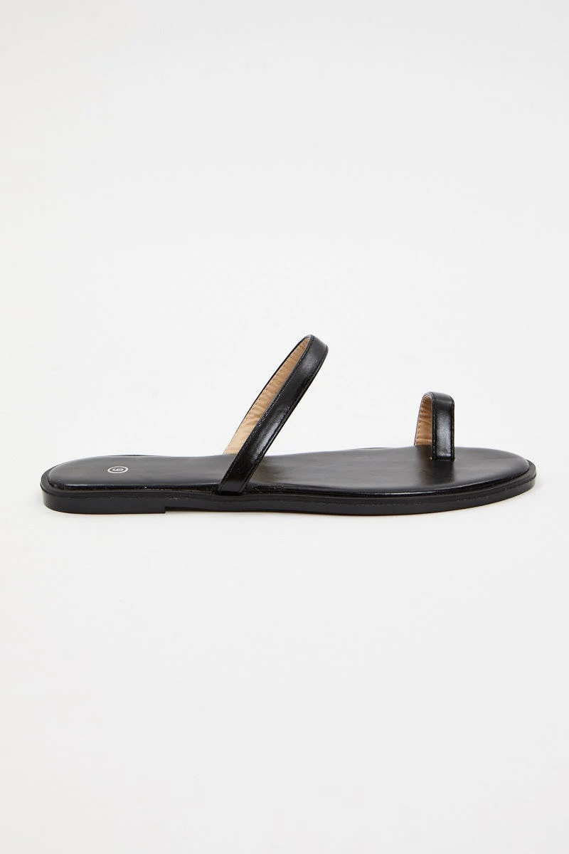 Black Faux Leather Minimal Flat Slides - Image 2