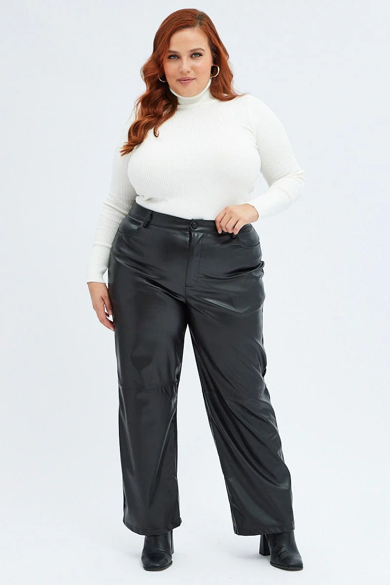 Black Faux Leather Pants High Button Waist Wide Leg - Image 6