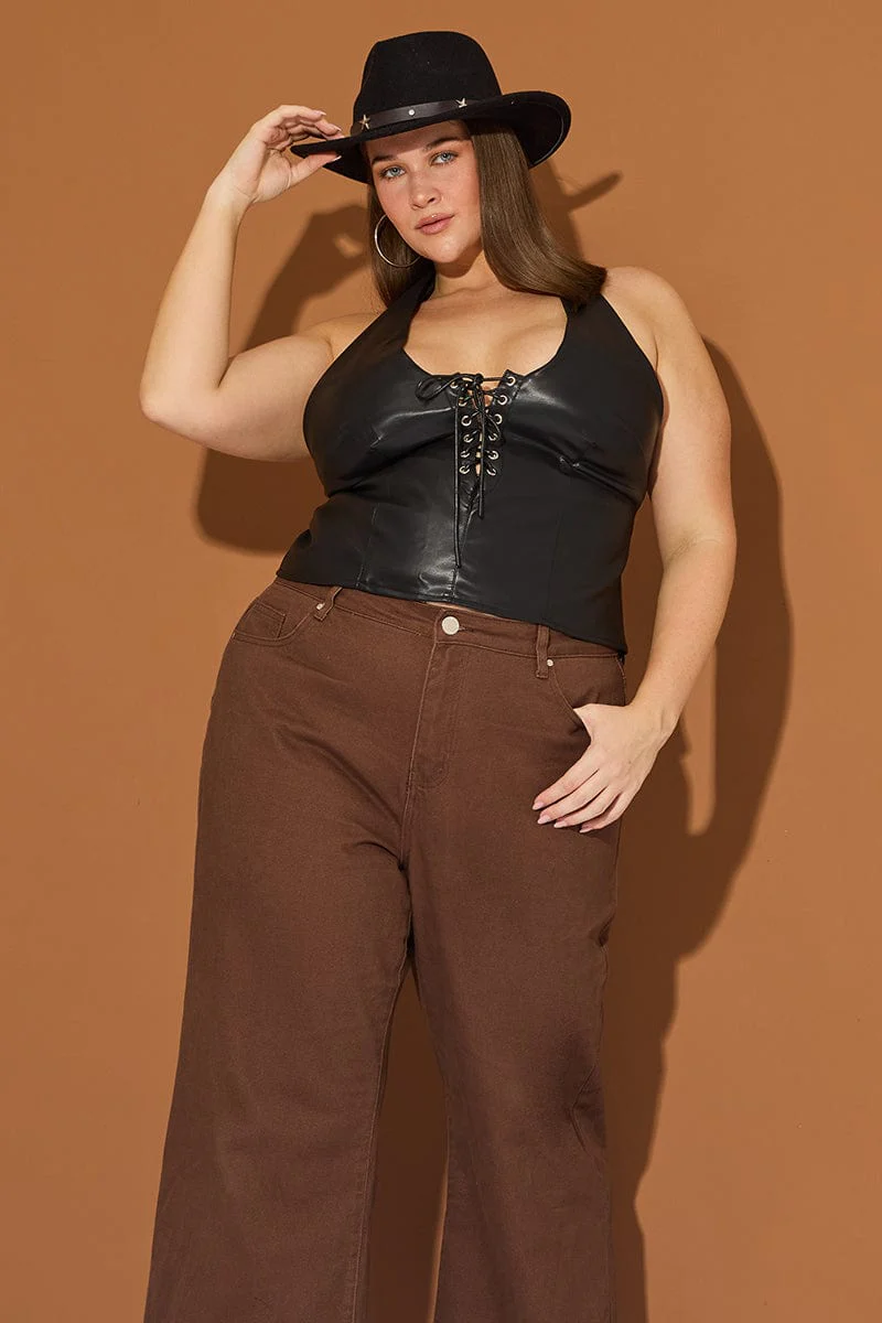 Black Faux Leather Top Halter Neck