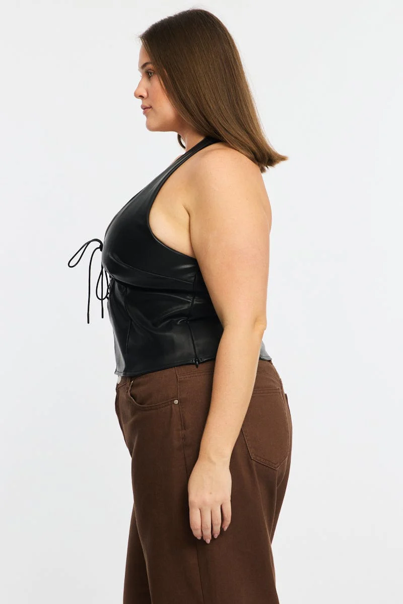 Black Faux Leather Top Halter Neck - Image 4