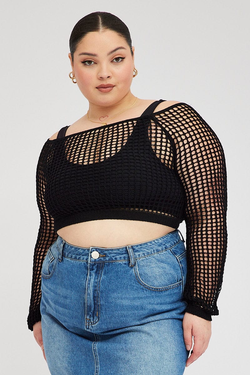Black Fishnet Knit Top Long Sleeve Square Neck - Image 3
