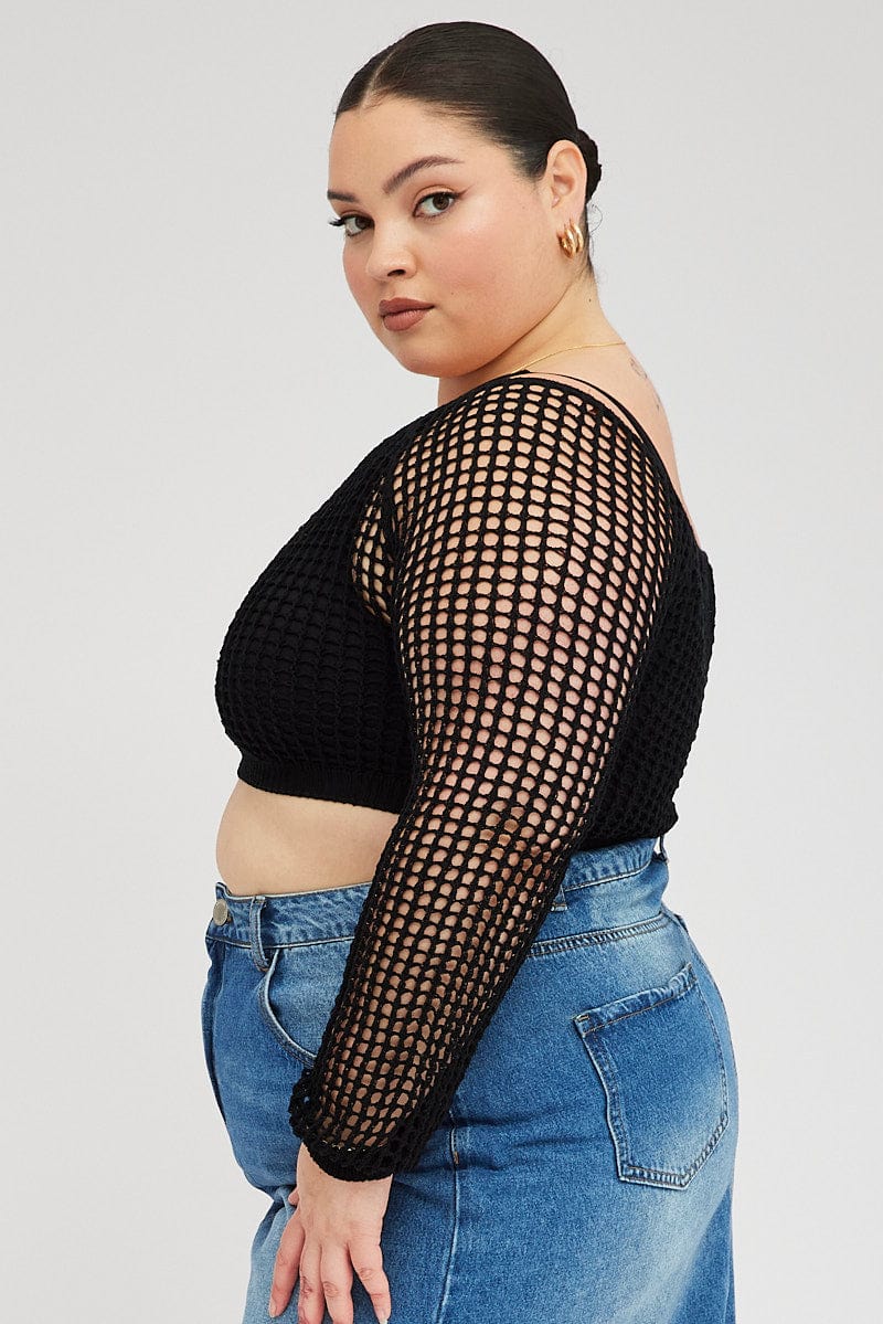 Black Fishnet Knit Top Long Sleeve Square Neck - Image 4