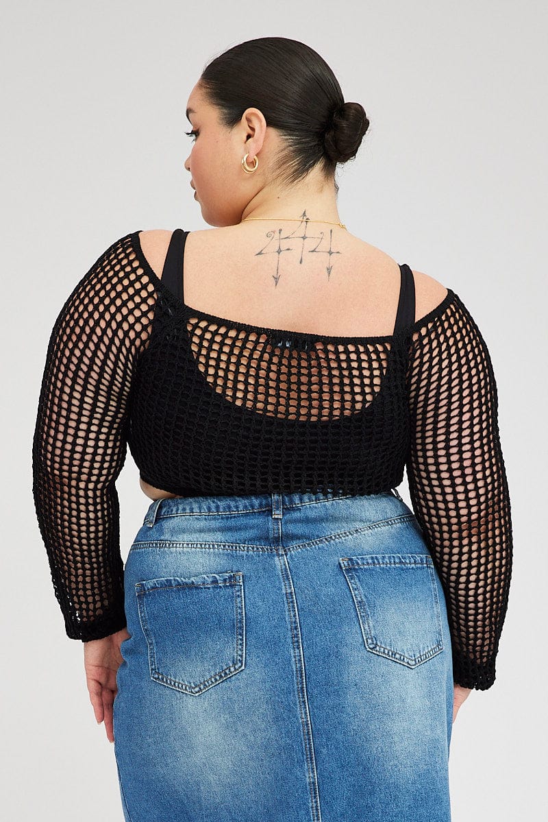 Black Fishnet Knit Top Long Sleeve Square Neck - Image 5