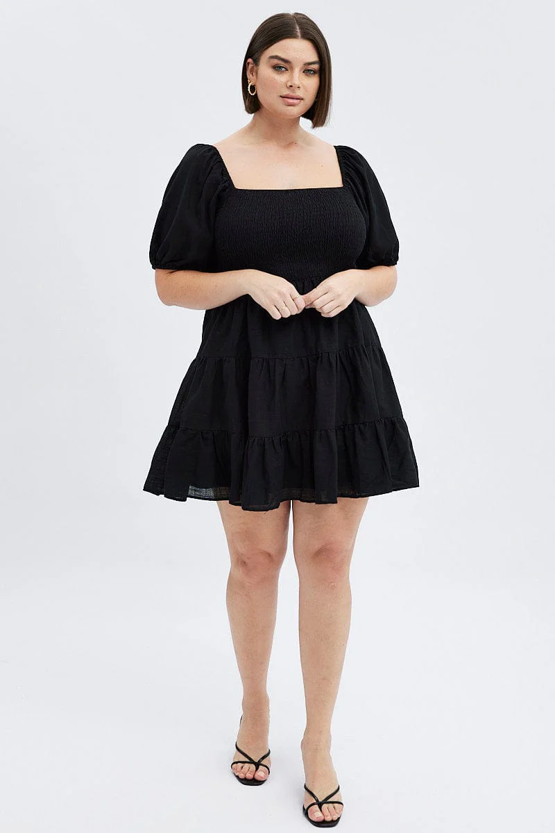 Black Fit And Flare Dress Short Sleeve Shirred - Image 2