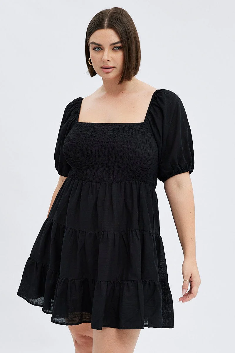 Black Fit And Flare Dress Short Sleeve Shirred - Image 3
