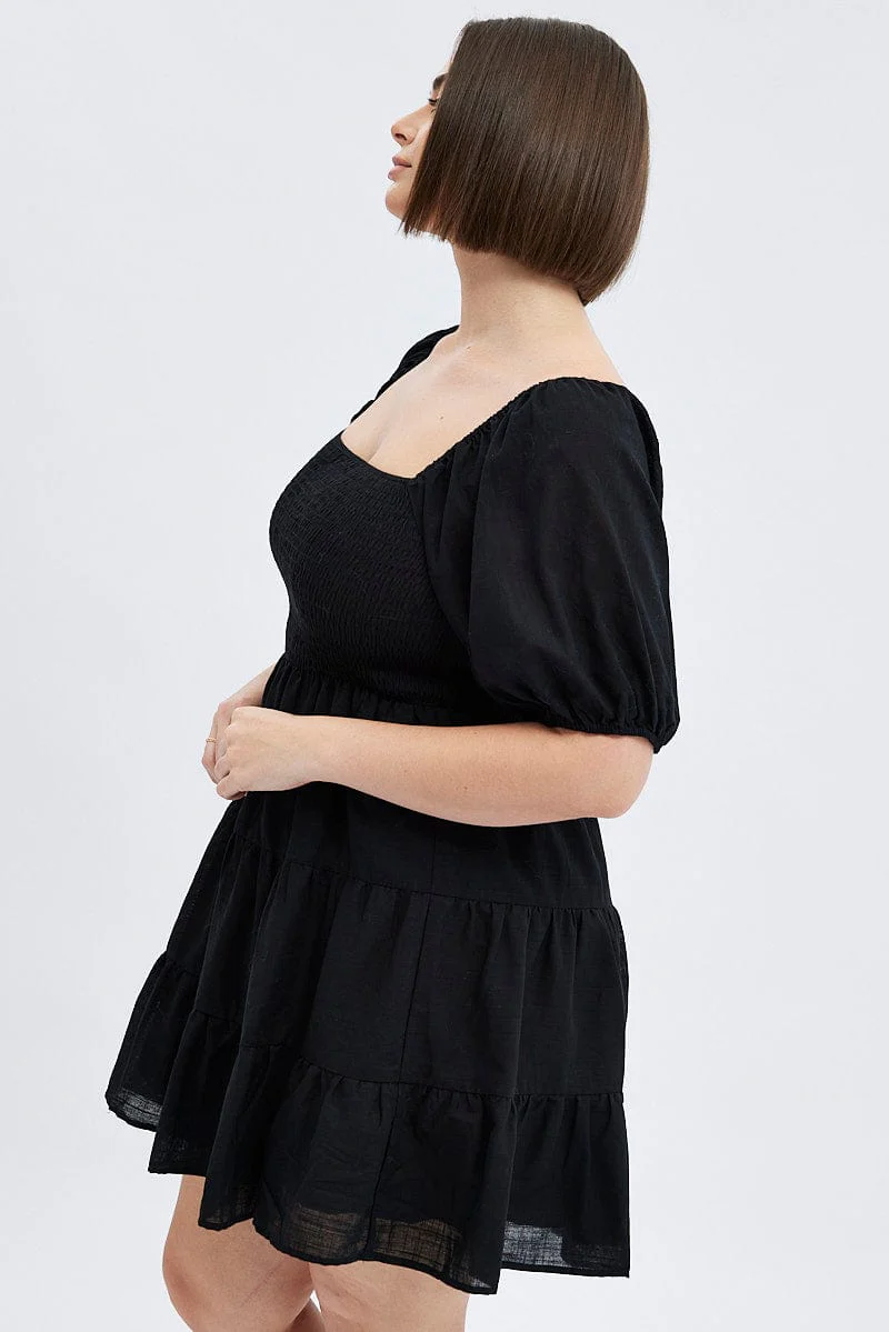 Black Fit And Flare Dress Short Sleeve Shirred - Image 4