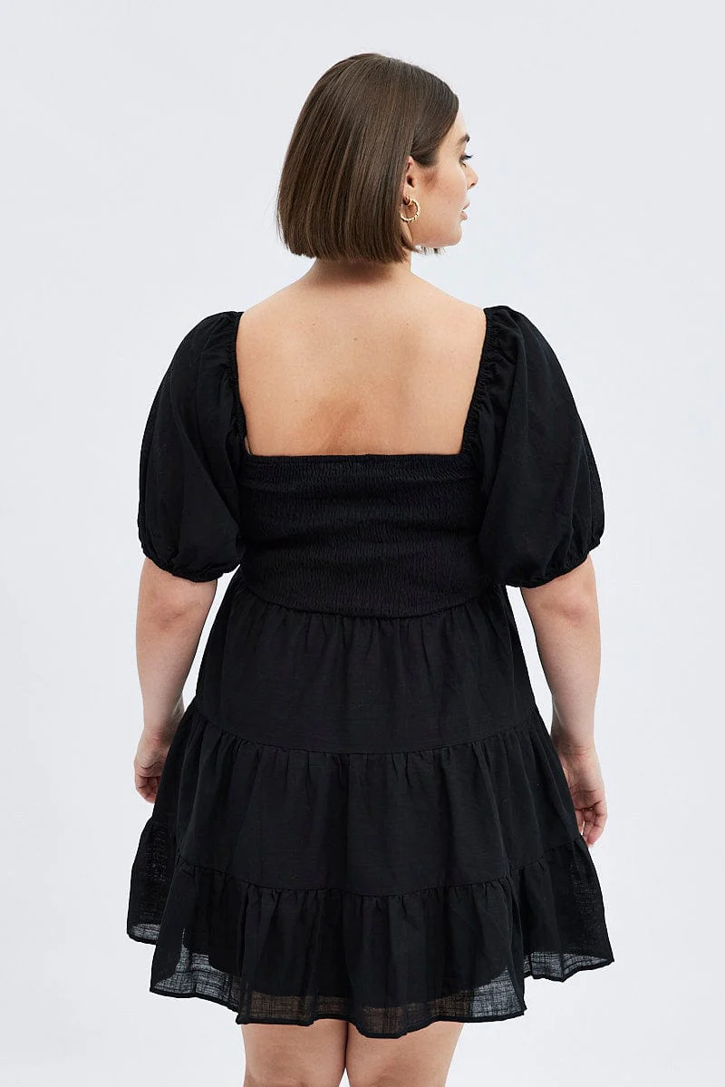 Black Fit And Flare Dress Short Sleeve Shirred - Image 5