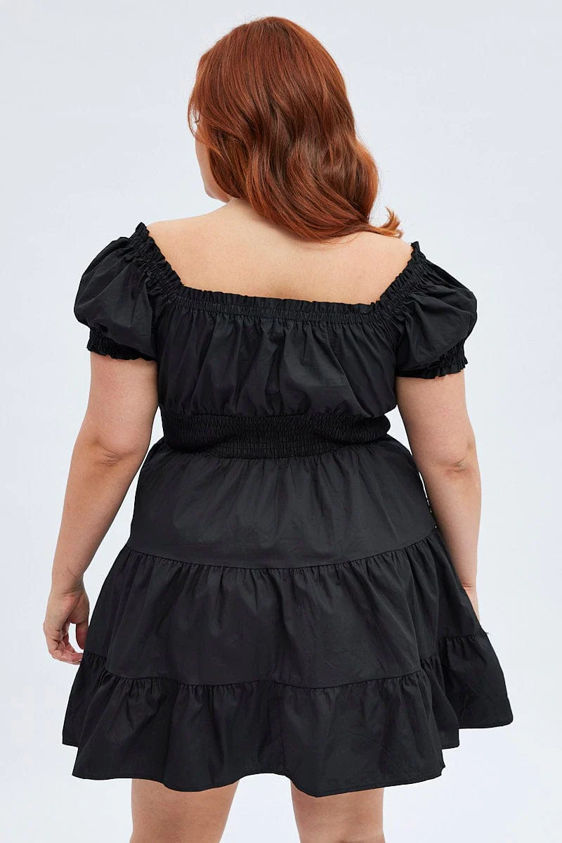 Black Fit And Flare Dress Short Sleeve Shirred - Image 5