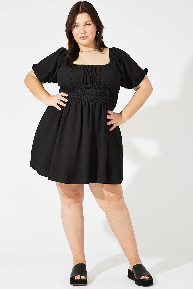 Black Fit And Flare Dress Short Sleeve Shirred Waist - Image 2