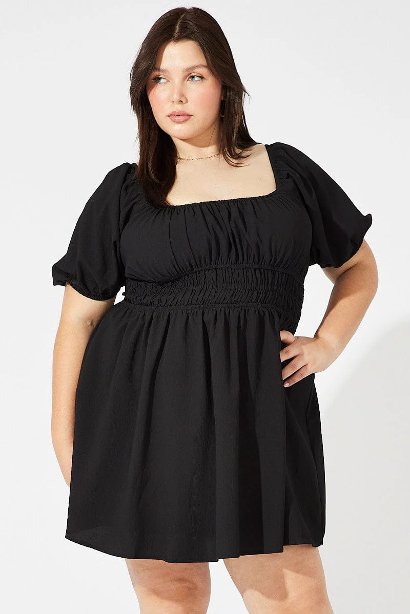 Black Fit And Flare Dress Short Sleeve Shirred Waist - Image 3