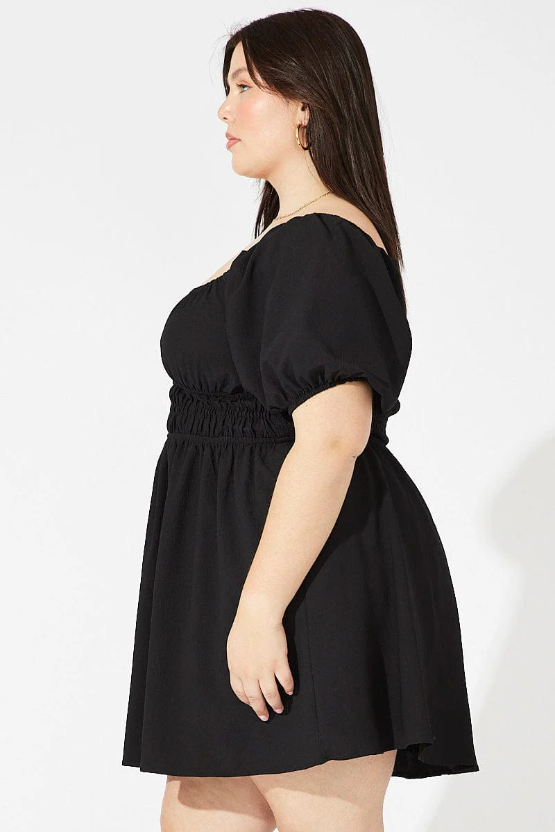 Black Fit And Flare Dress Short Sleeve Shirred Waist - Image 4