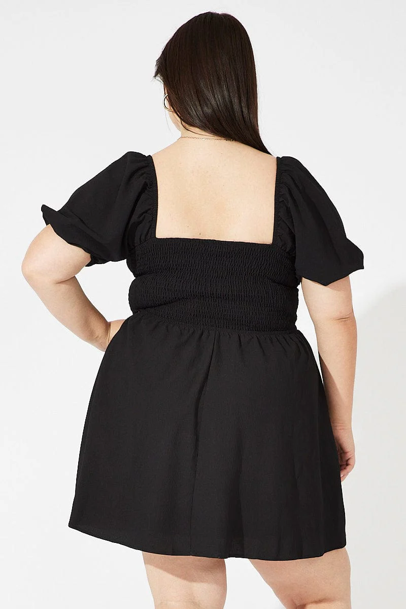 Black Fit And Flare Dress Short Sleeve Shirred Waist - Image 5