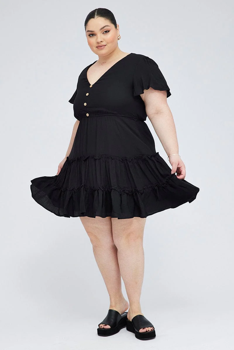 Black Fit And Flare Dress Short Sleeve V-neck - Image 2