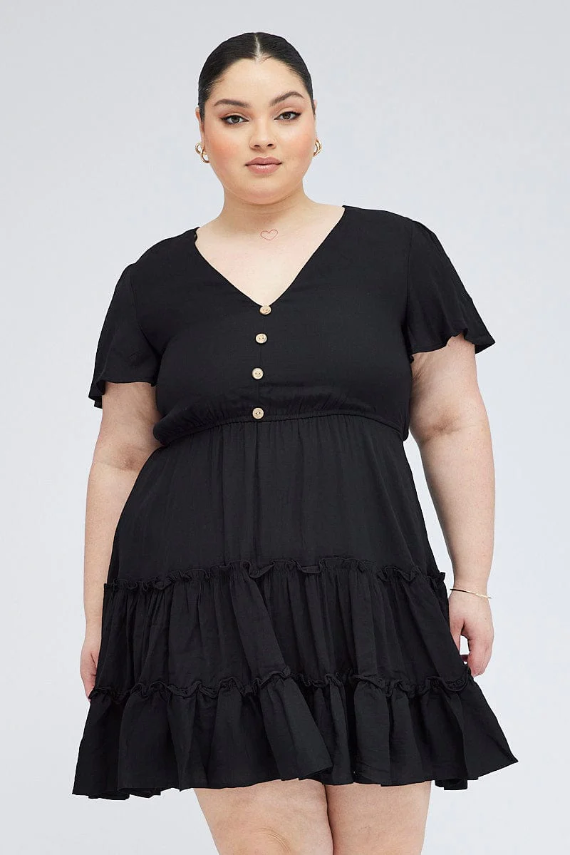 Black Fit And Flare Dress Short Sleeve V-neck - Image 3