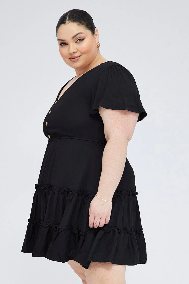 Black Fit And Flare Dress Short Sleeve V-neck - Image 4