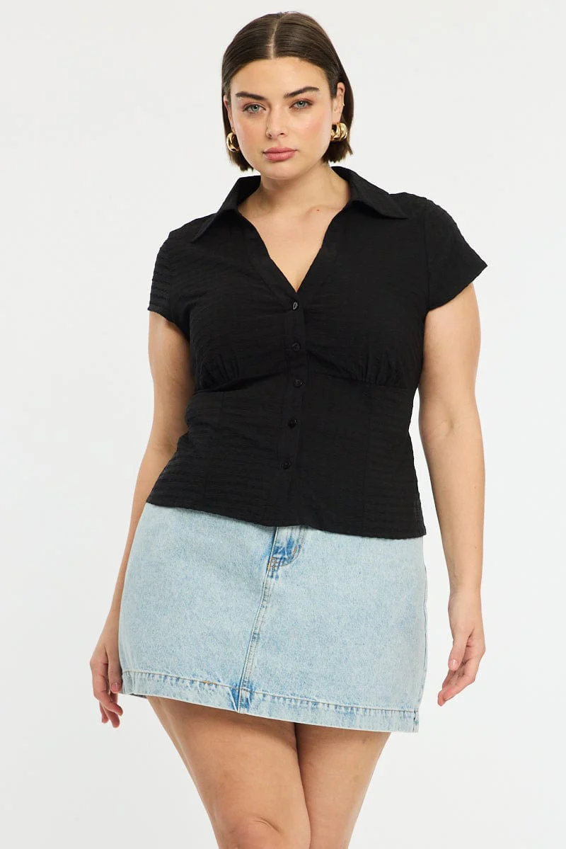 Black Fitted Shirt Short Sleeve Textured