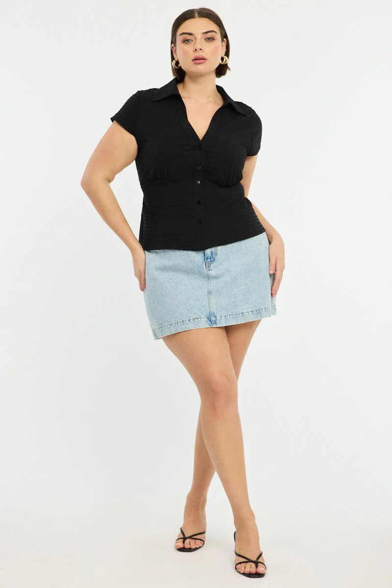 Black Fitted Shirt Short Sleeve Textured - Image 2