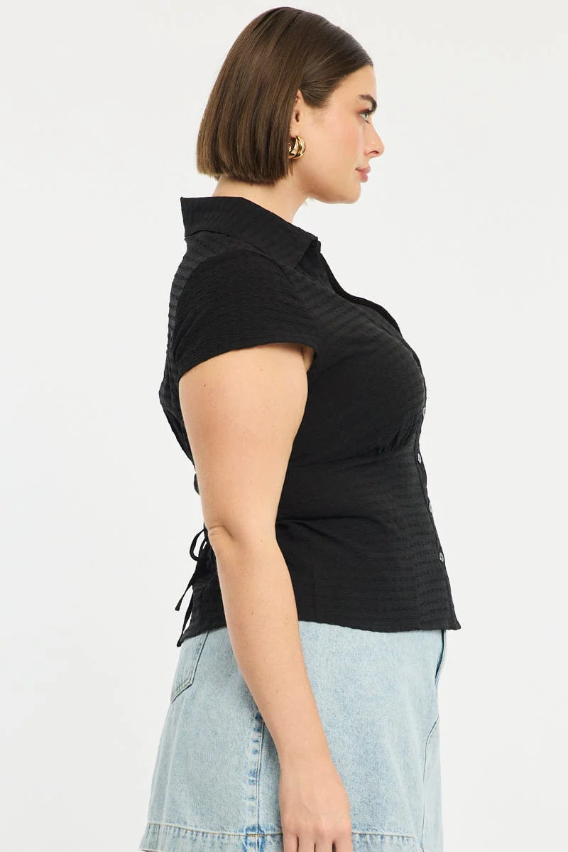 Black Fitted Shirt Short Sleeve Textured - Image 3