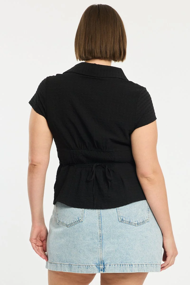 Black Fitted Shirt Short Sleeve Textured - Image 4