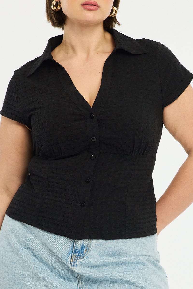 Black Fitted Shirt Short Sleeve Textured - Image 5