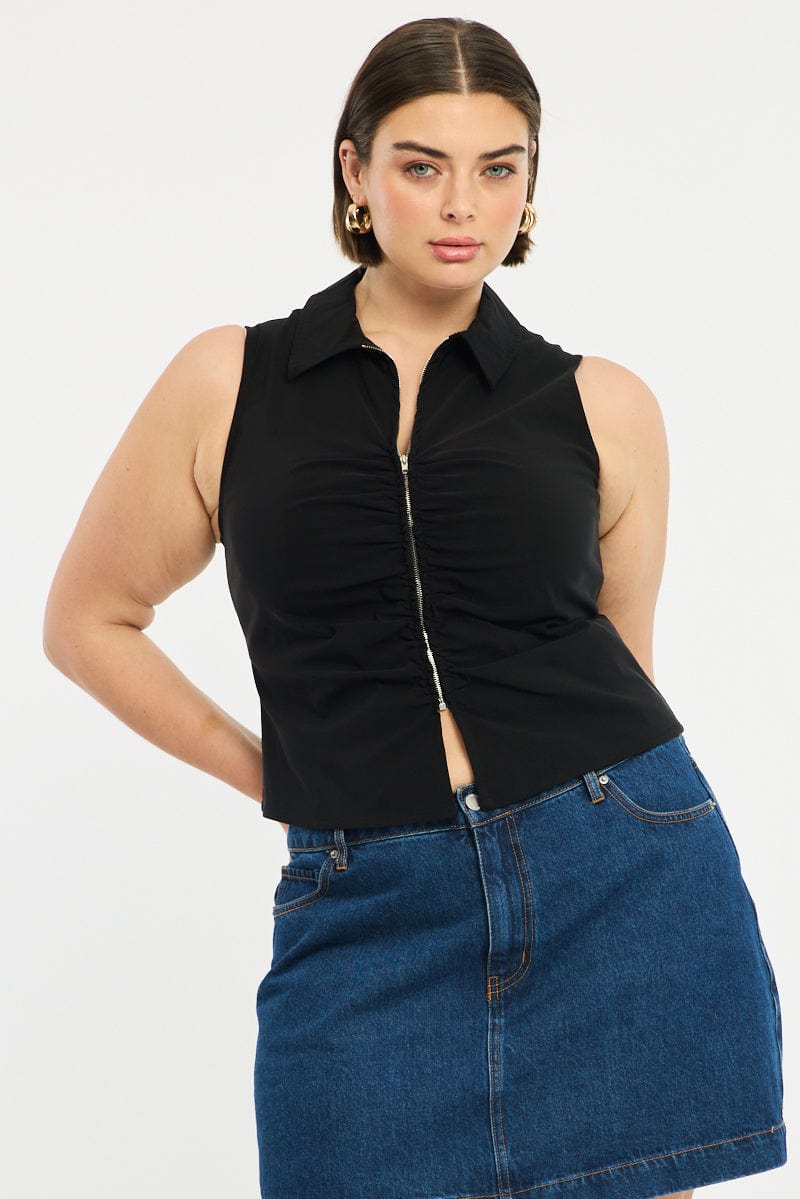 Black Fitted Shirt Sleeveless Ruched Bust Zip Front - Image 2