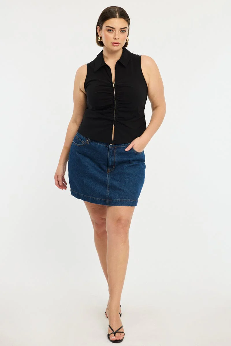 Black Fitted Shirt Sleeveless Ruched Bust Zip Front - Image 3