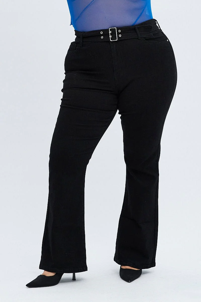 Black Flare Denim Jeans Belted Mid Rise - Image 3