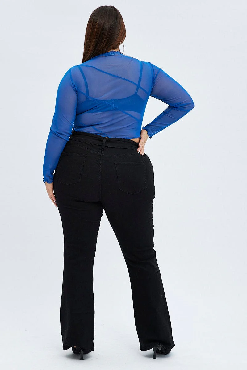 Black Flare Denim Jeans Belted Mid Rise - Image 5
