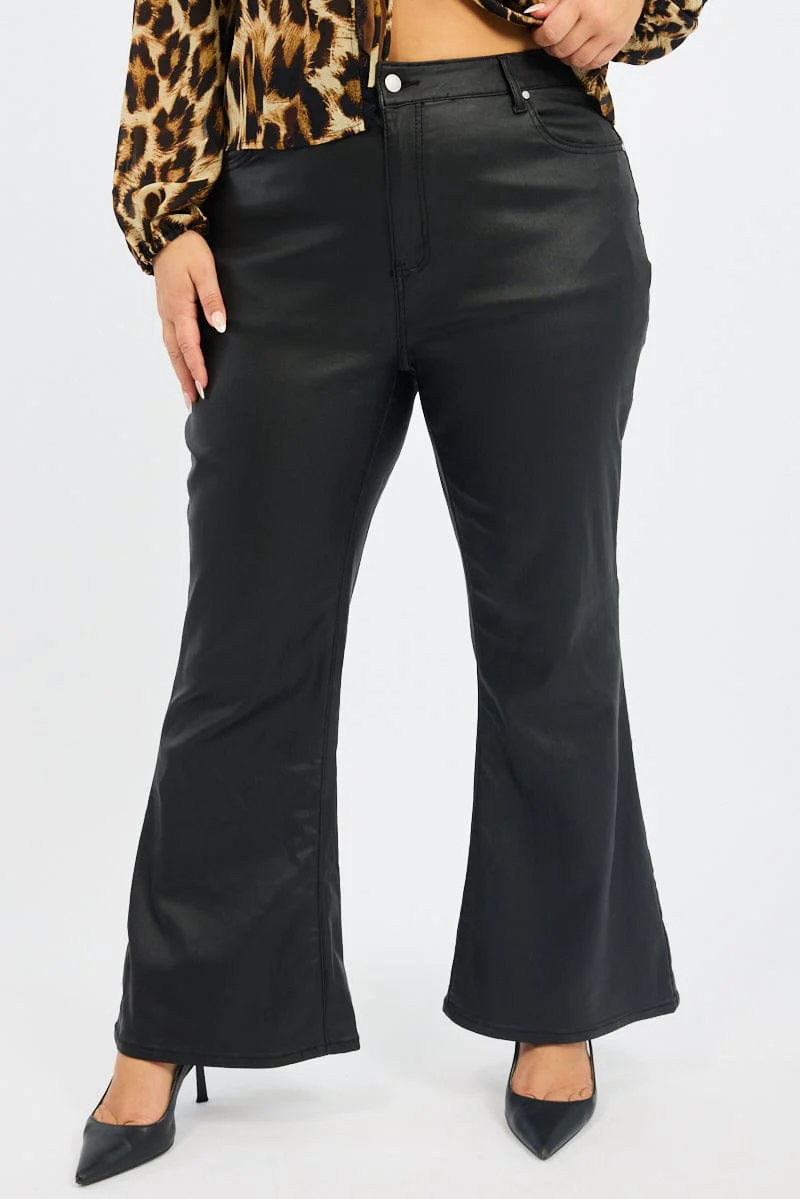 Black Flare Jeans Mid Rise Wet Look - Image 3