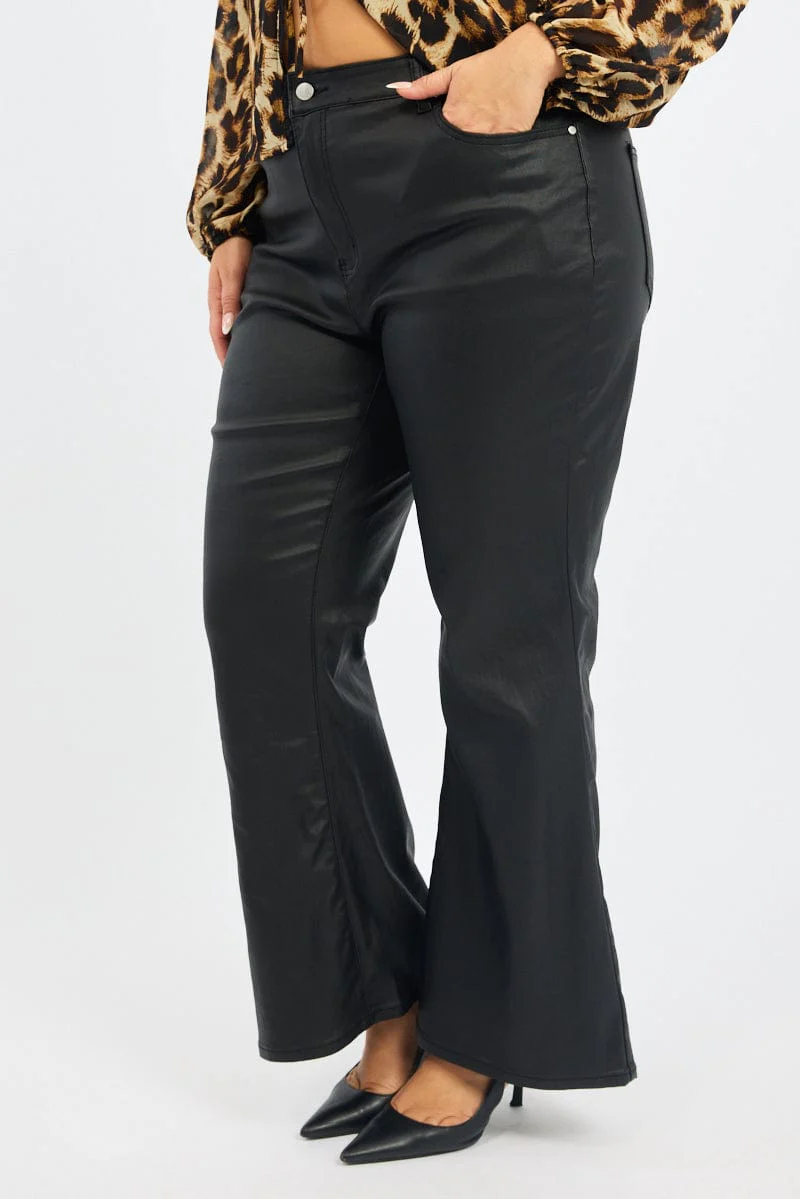 Black Flare Jeans Mid Rise Wet Look - Image 4