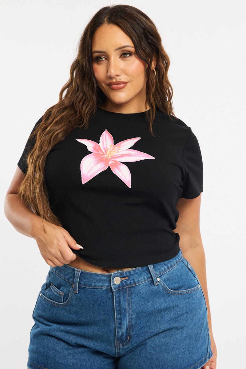 Black Floral Baby Tee Short Sleeve