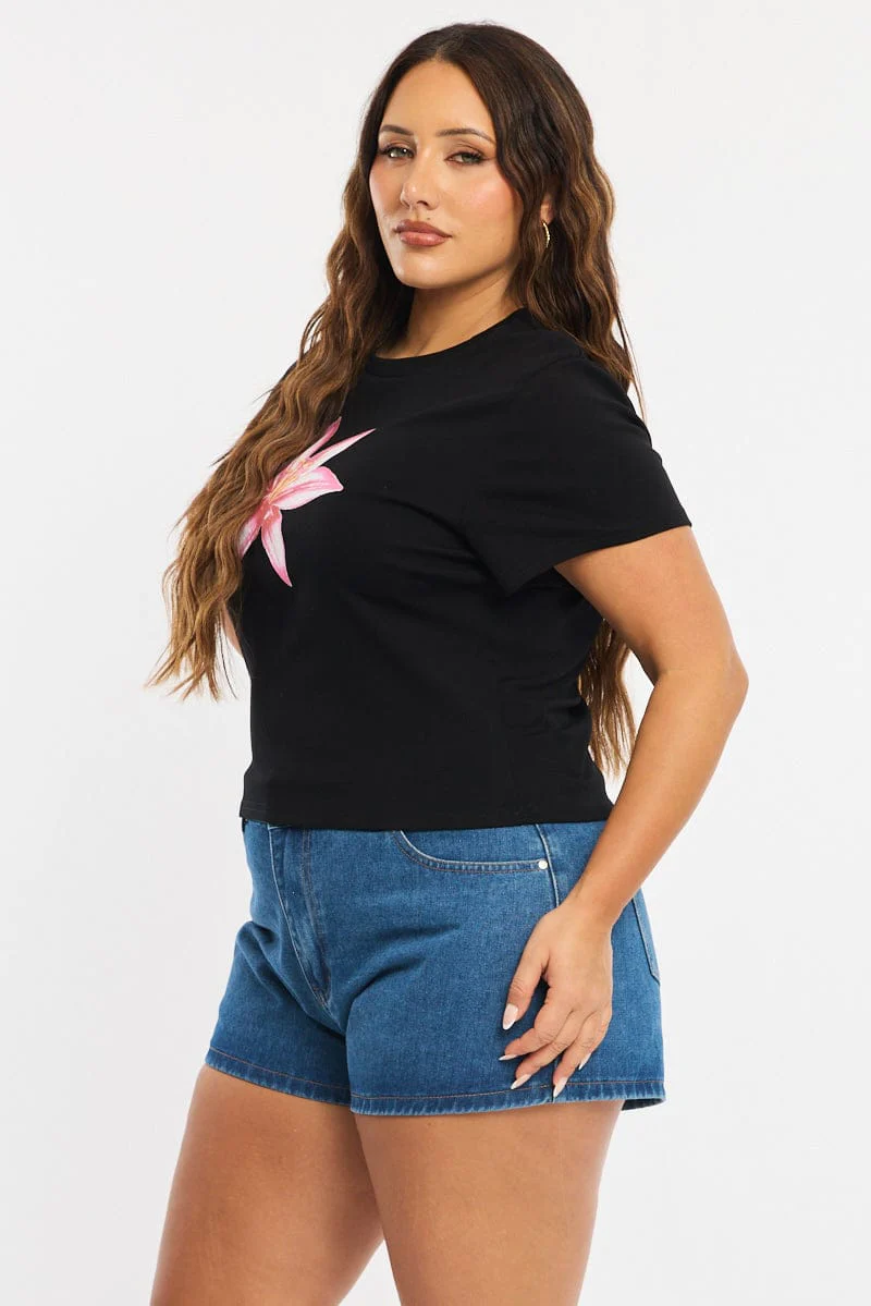Black Floral Baby Tee Short Sleeve - Image 3