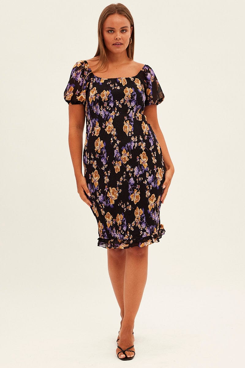 Black Floral Bodycon Dress Short Sleeve Off Shoulder Shirred - Image 2
