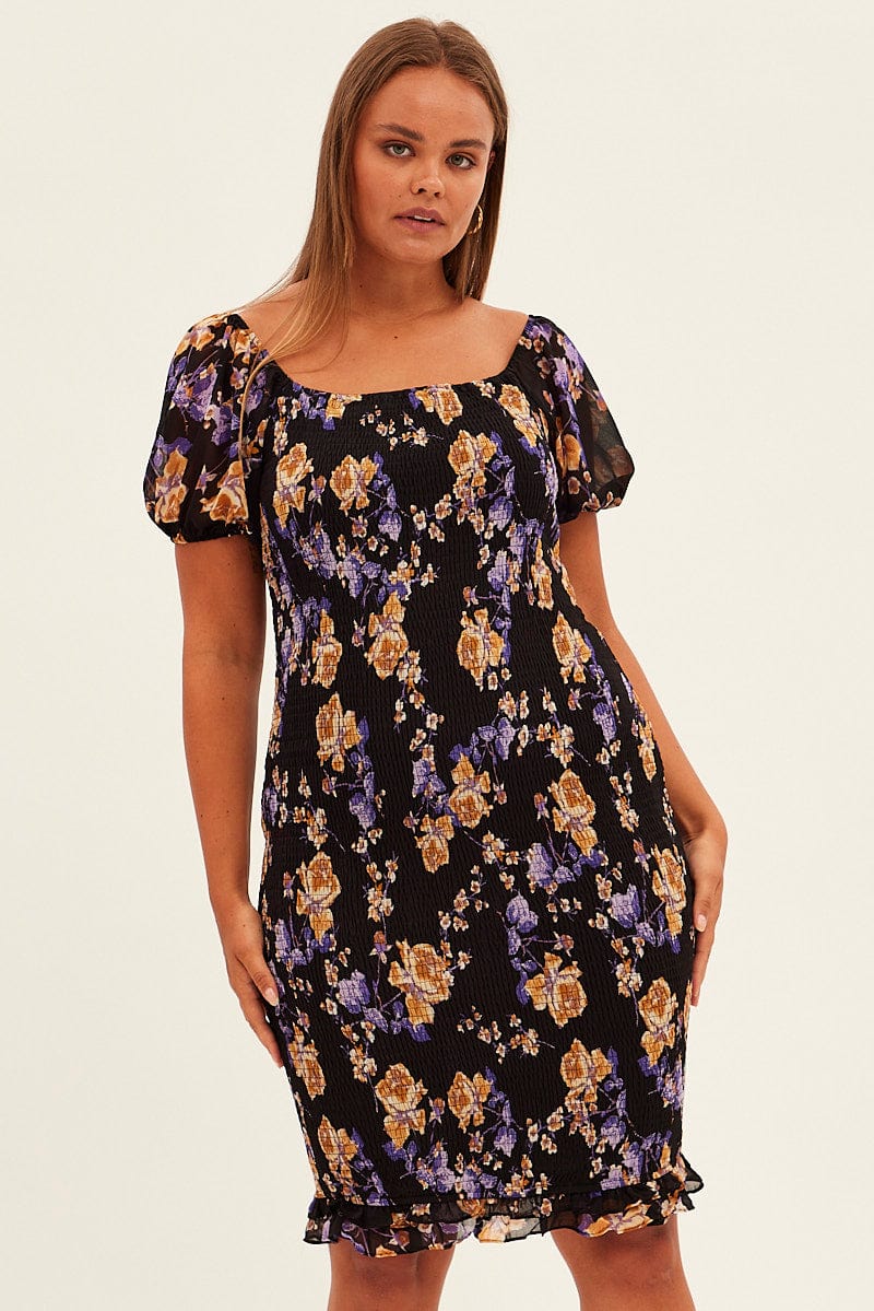 Black Floral Bodycon Dress Short Sleeve Off Shoulder Shirred - Image 3