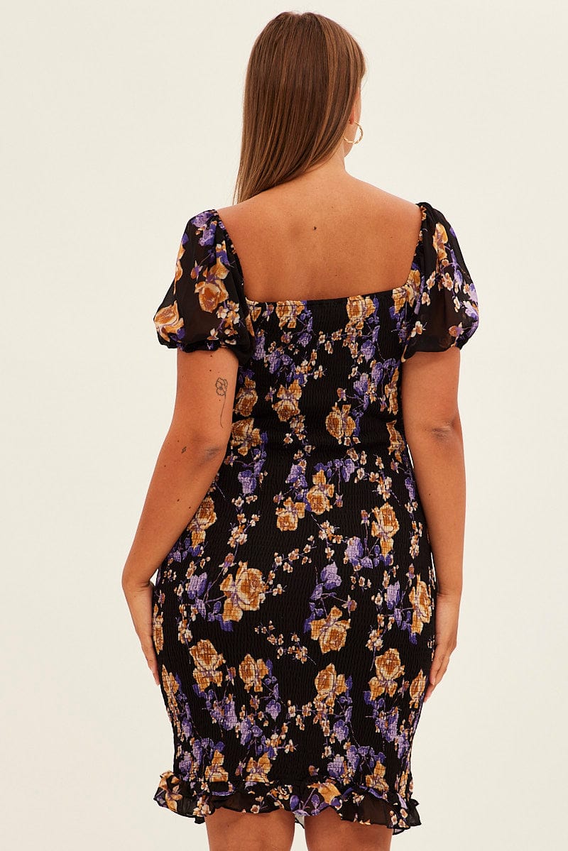 Black Floral Bodycon Dress Short Sleeve Off Shoulder Shirred - Image 5