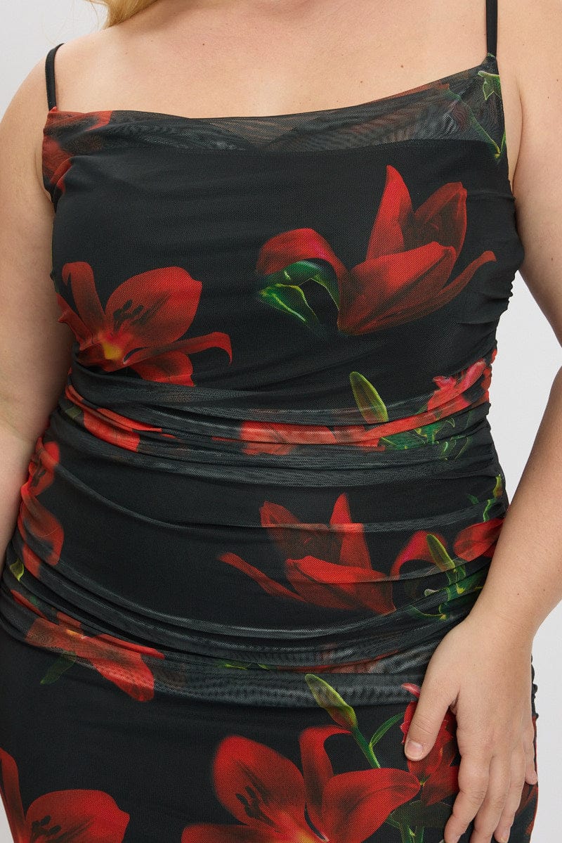 Black Floral Cowl Neck Shoestring Strap Bodycon Maxi Dress - Image 6