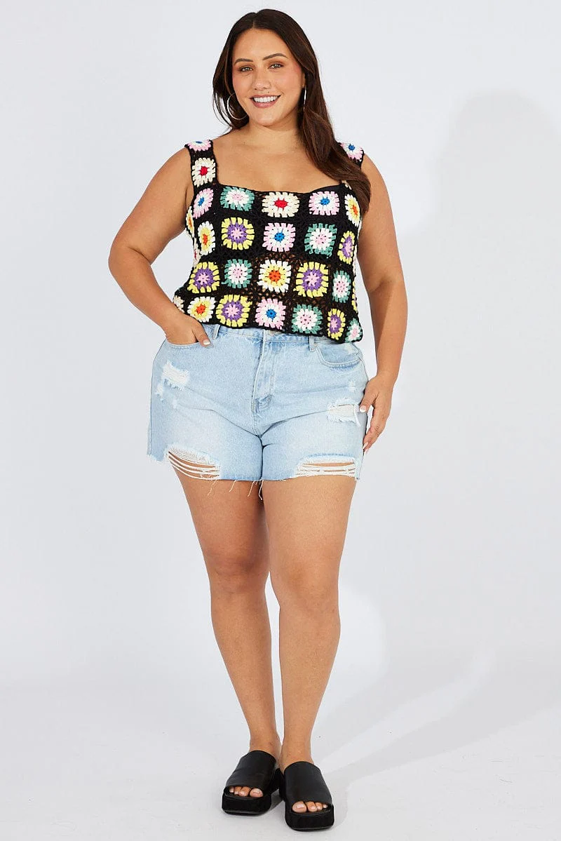 Black Floral Crochet Top Square Neck - Image 2