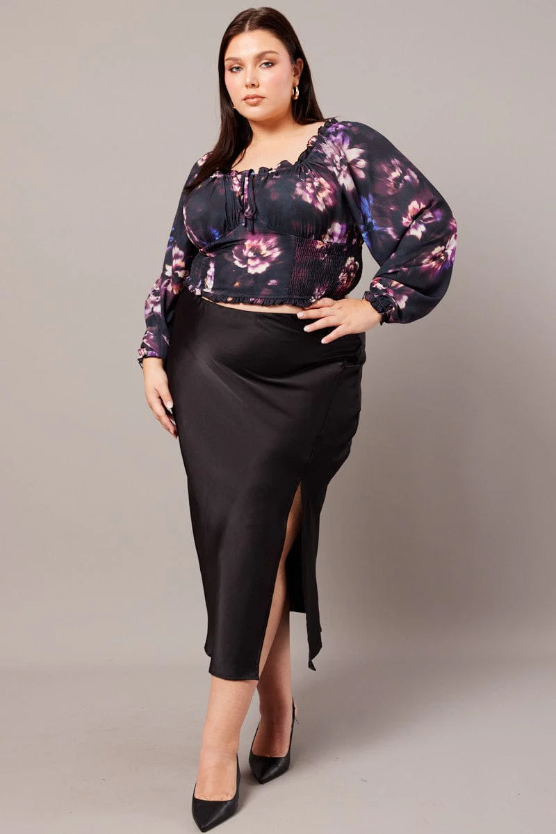 Black Floral Crop Top Long Sleeve Shirred Waist - Image 2